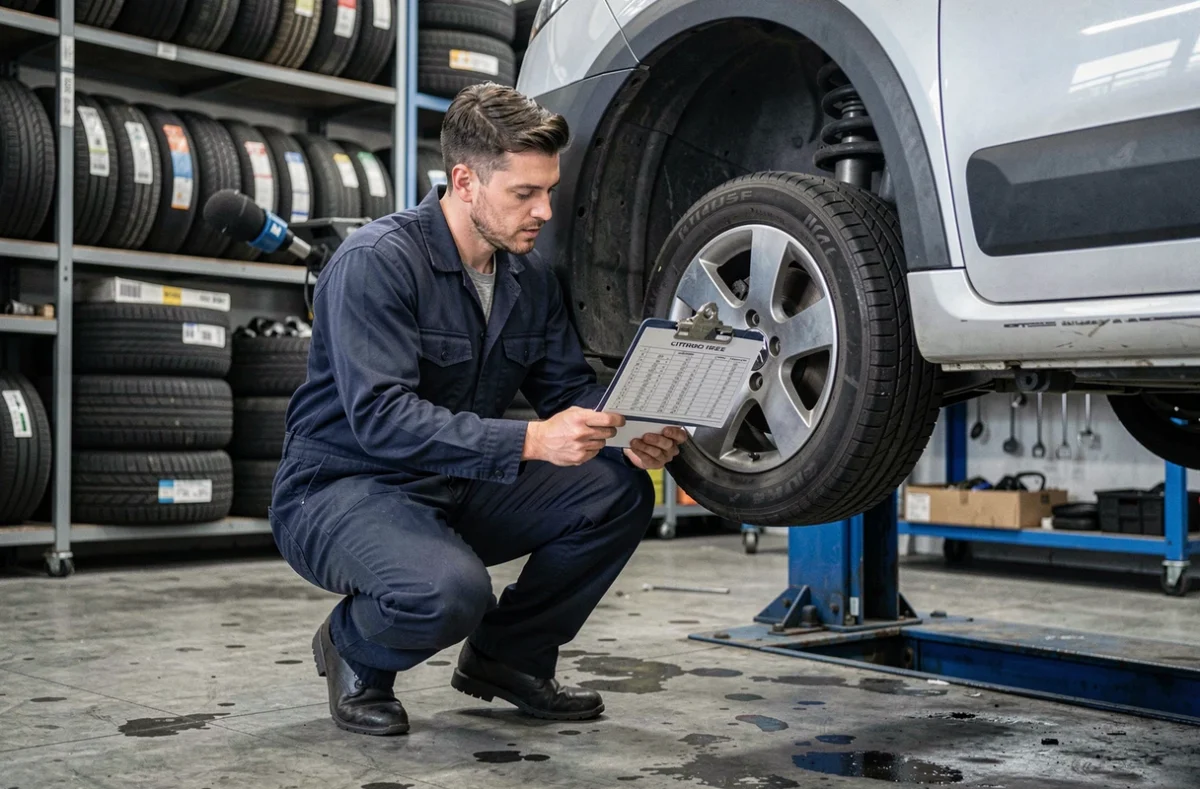Technicien automobile vérifiant les dimensions de pneus adaptées à une Citroën C2 dans un atelier de montage