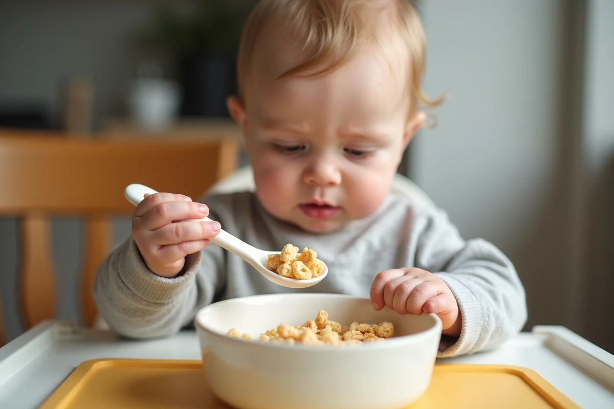 Bébé de 8 mois concentré en train de transvaser des céréales soufflées d'un bol à l'autre avec une cuillère en silicone sur une table basse