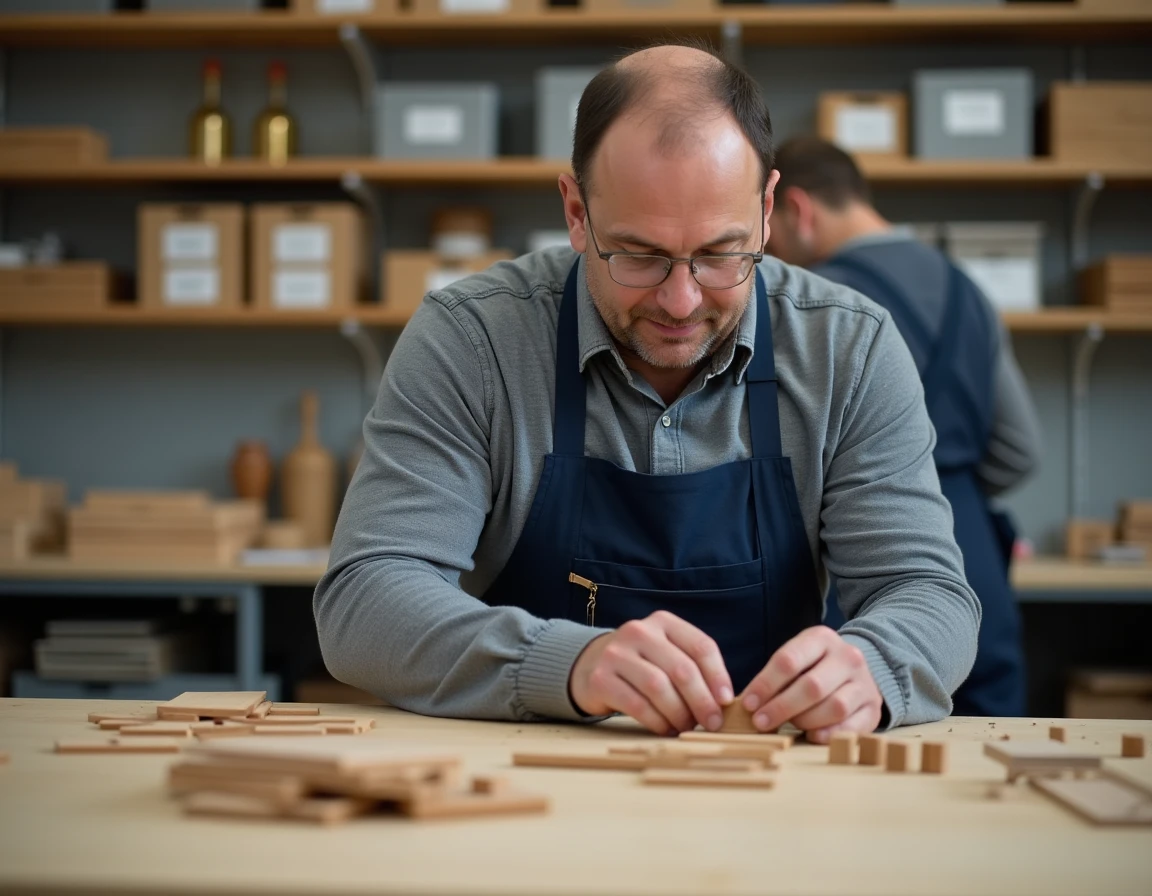 Travailleur en ESAT assemblant des pièces en bois dans un atelier adapté, illustrant l'emploi et la rémunération en milieu protégé