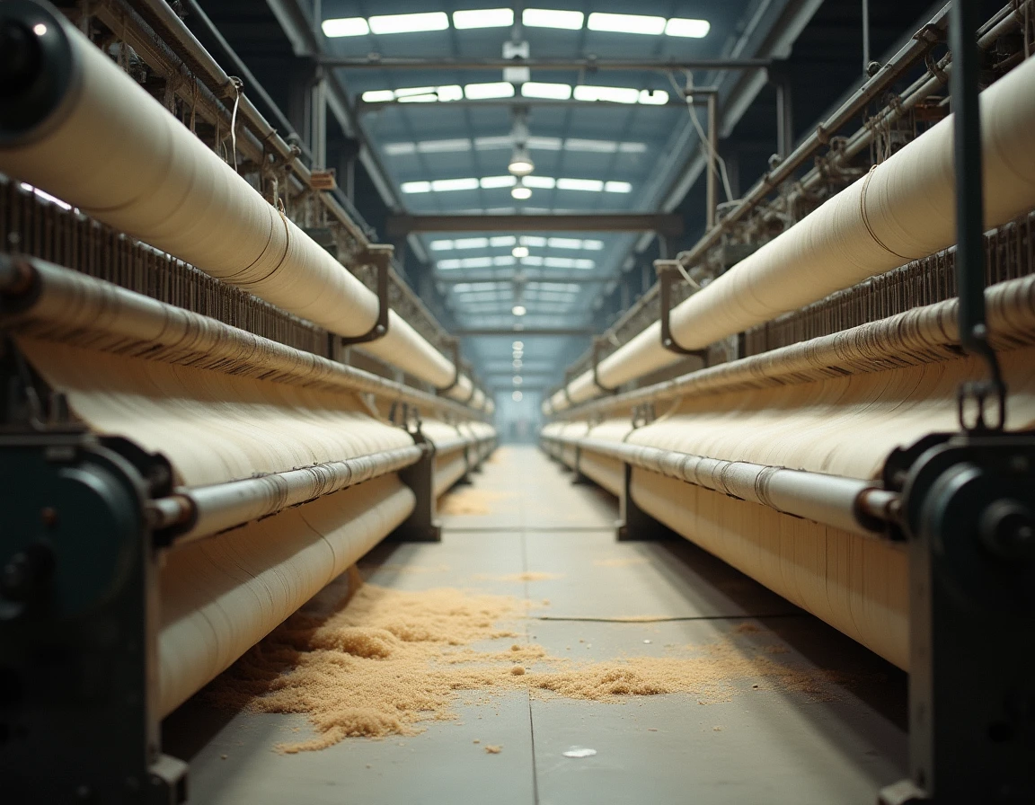 Vue intérieure d'une usine textile industrielle avec des métiers à tisser mécaniques produisant du tissu, illustrant le processus de fabrication et la définition industrielle du textile