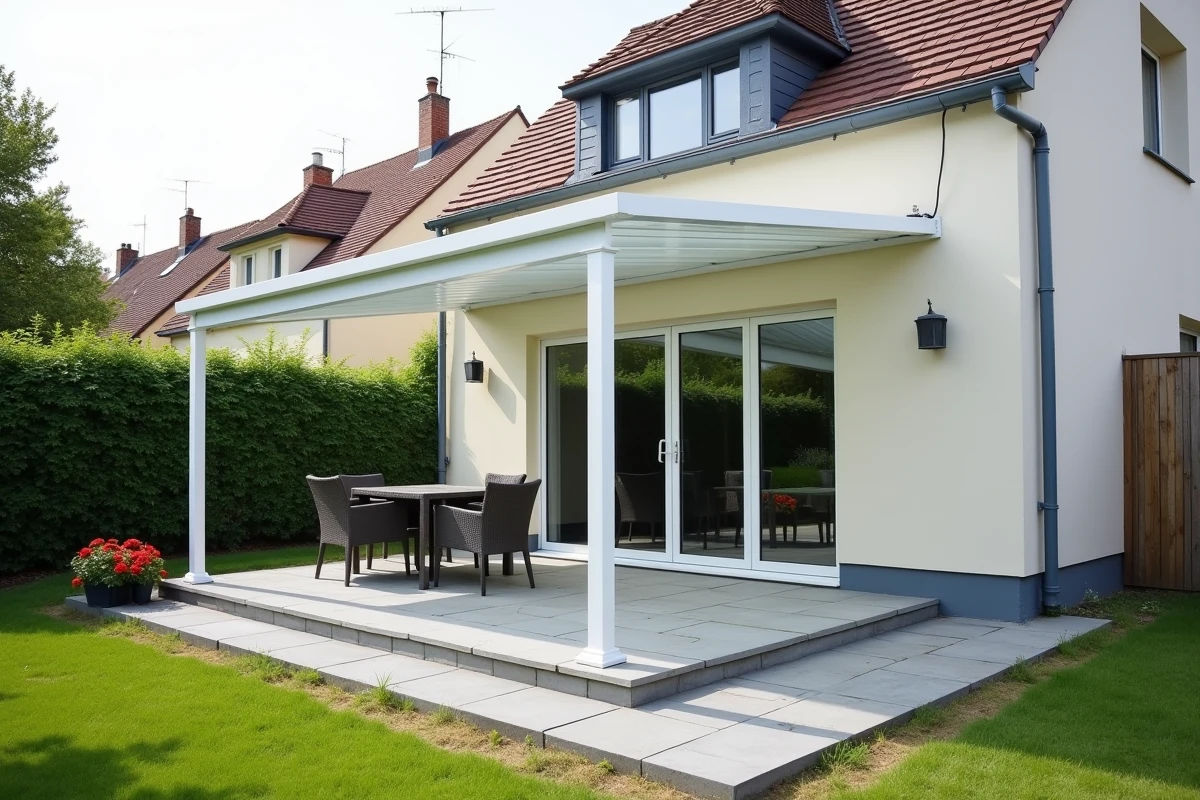 Véranda en kit aluminium blanc montée sur terrasse de maison individuelle avec mobilier de jardin