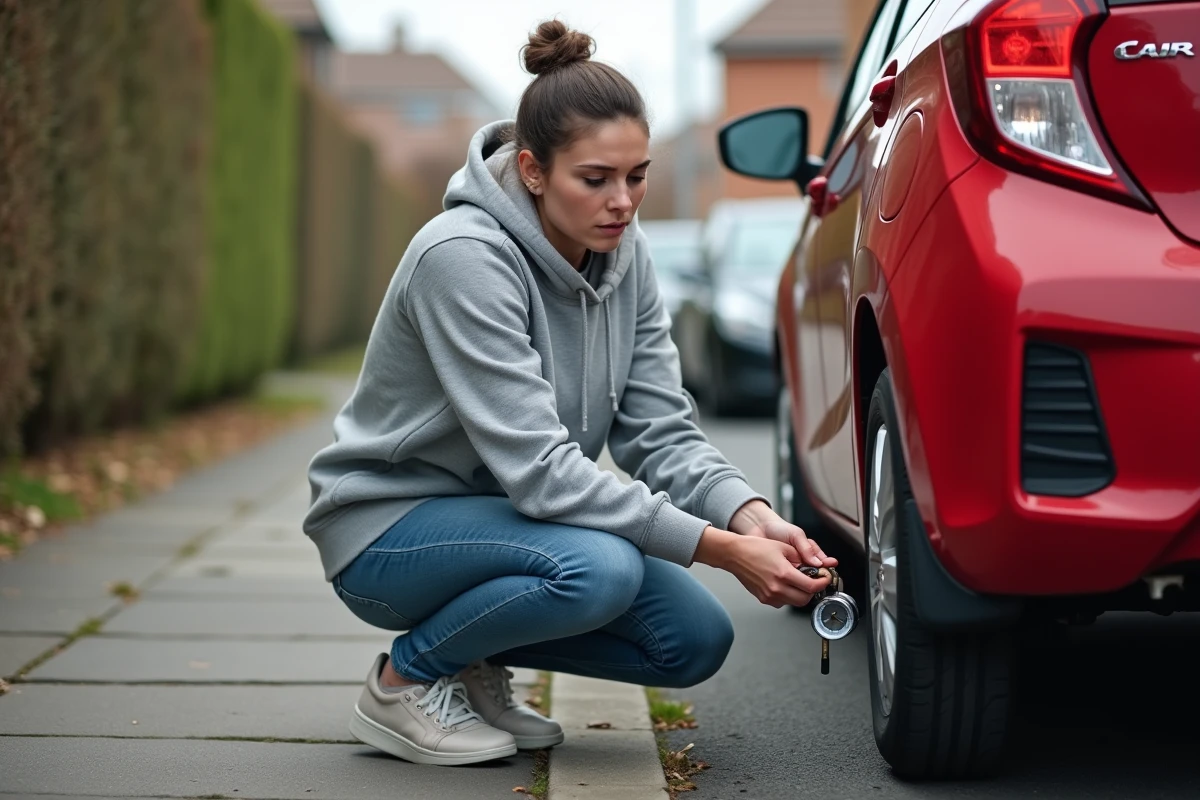 Femme vérifiant la pression des pneus de sa voiture en bord de route dans un quartier résidentiel
