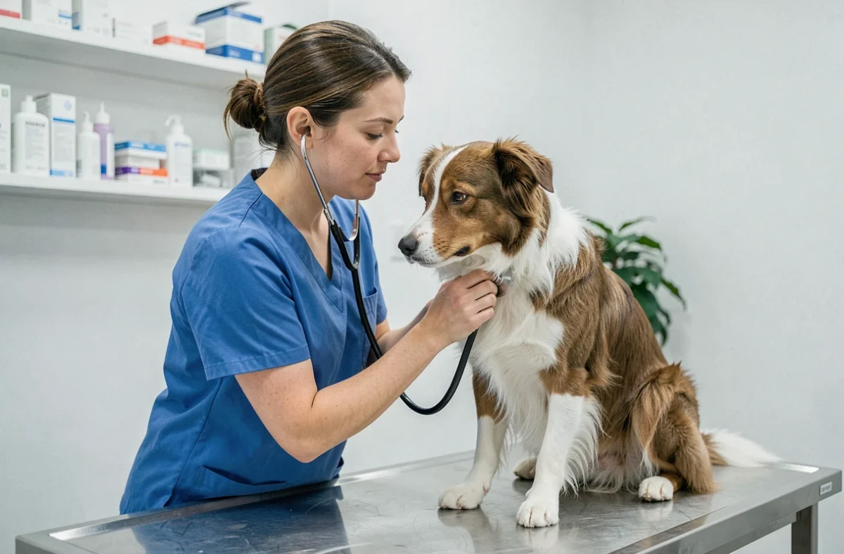 Vétérinaire examinant un border collie sur une table d'examen dans une clinique vétérinaire moderne