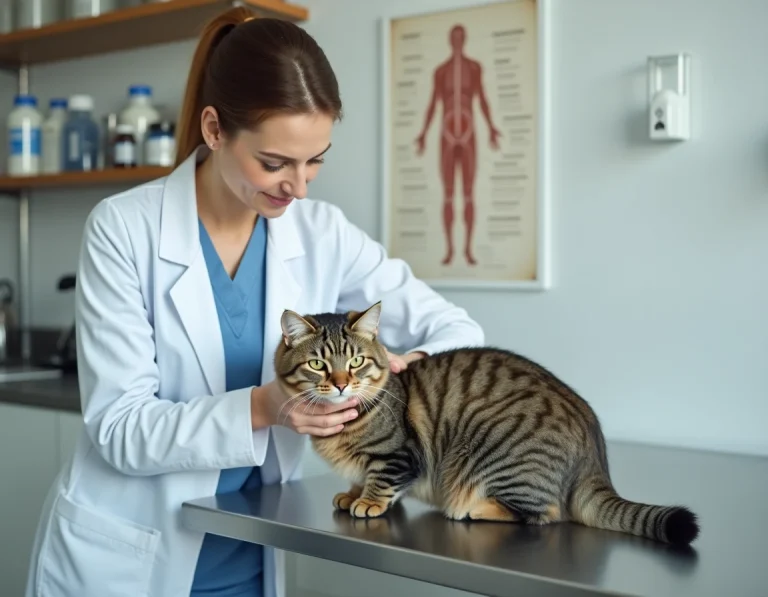 Vétérinaire femme examinant un chat tabby bien nourri sur une table d'examen en clinique vétérinaire